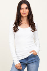 White Ribbed Ruched Long Sleeve Top