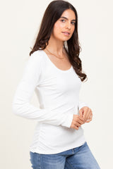 White Ribbed Ruched Long Sleeve Top