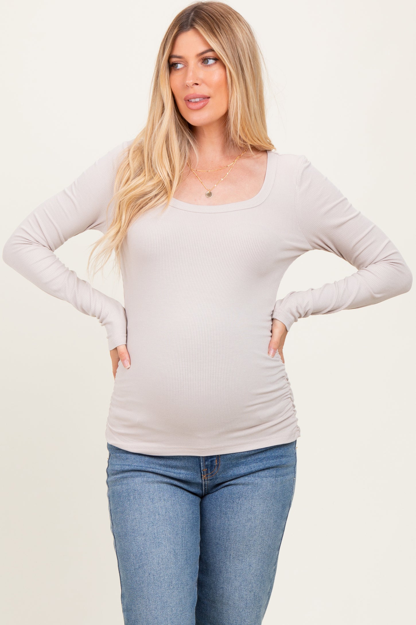 Taupe Ribbed Ruched Maternity Long Sleeve Top