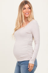Taupe Ribbed Ruched Maternity Long Sleeve Top