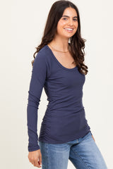 Navy Ribbed Ruched Long Sleeve Top