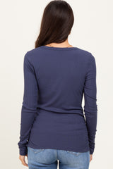 Navy Ribbed Ruched Long Sleeve Top