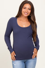 Navy Ribbed Ruched Maternity Long Sleeve Top