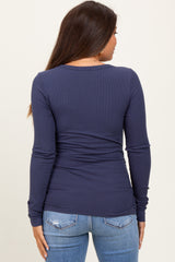 Navy Ribbed Ruched Maternity Long Sleeve Top