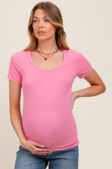 Pink Ribbed Ruched Short Sleeve Maternity Top