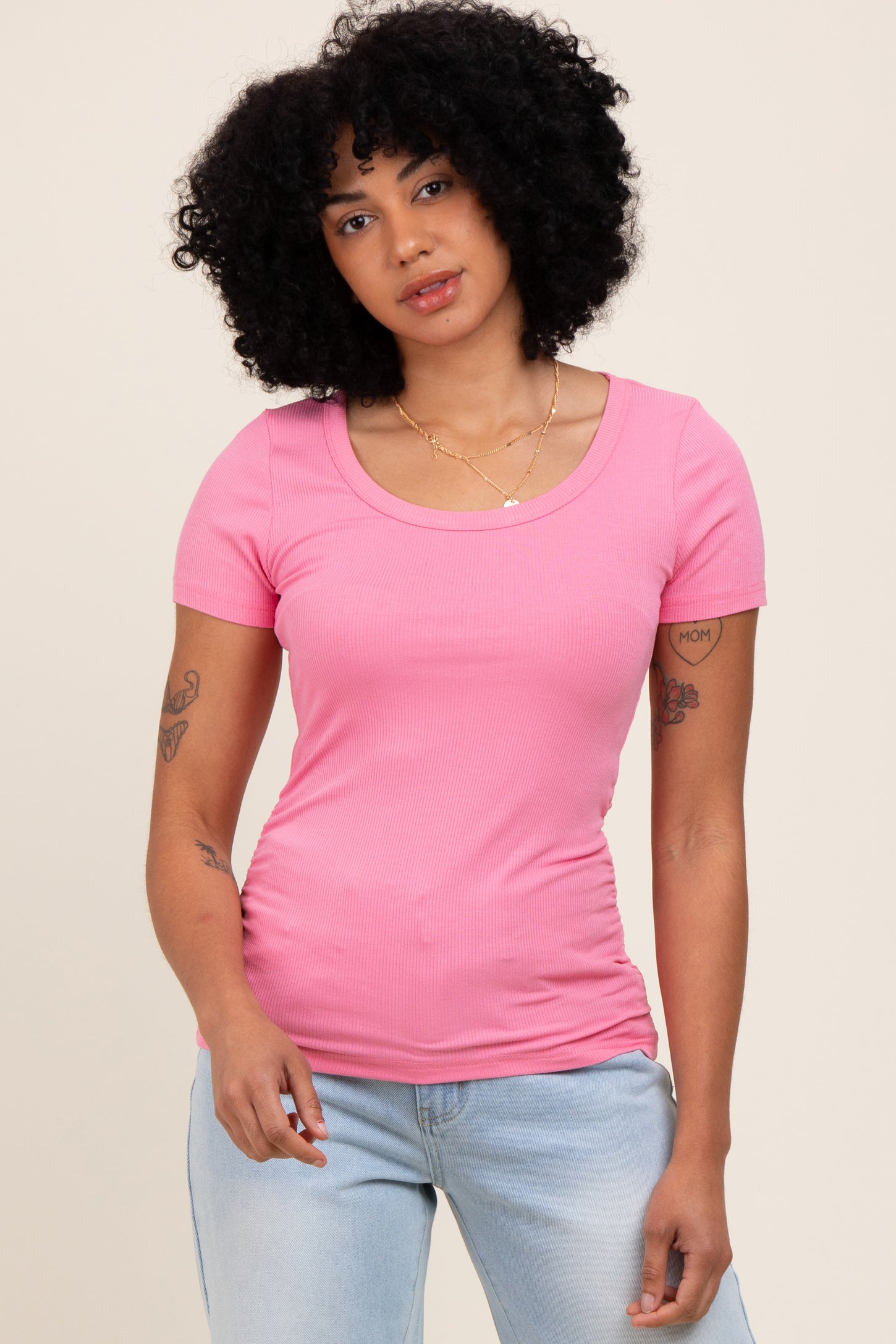 Pink Ribbed Ruched Short Sleeve Maternity Top
