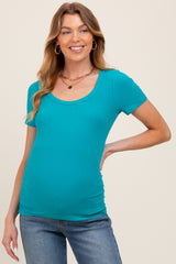 Teal Ribbed Ruched Short Sleeve Maternity Top