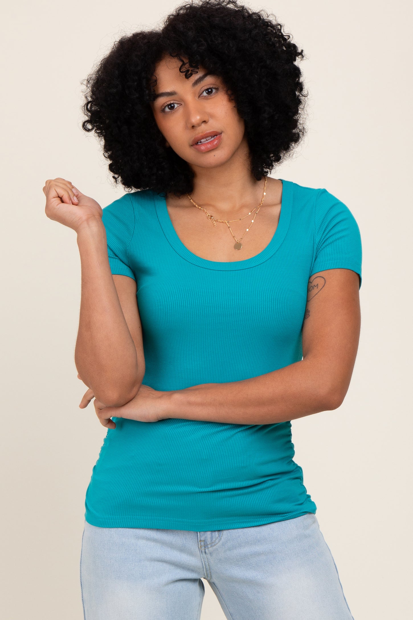 Teal Ribbed Ruched Short Sleeve Top