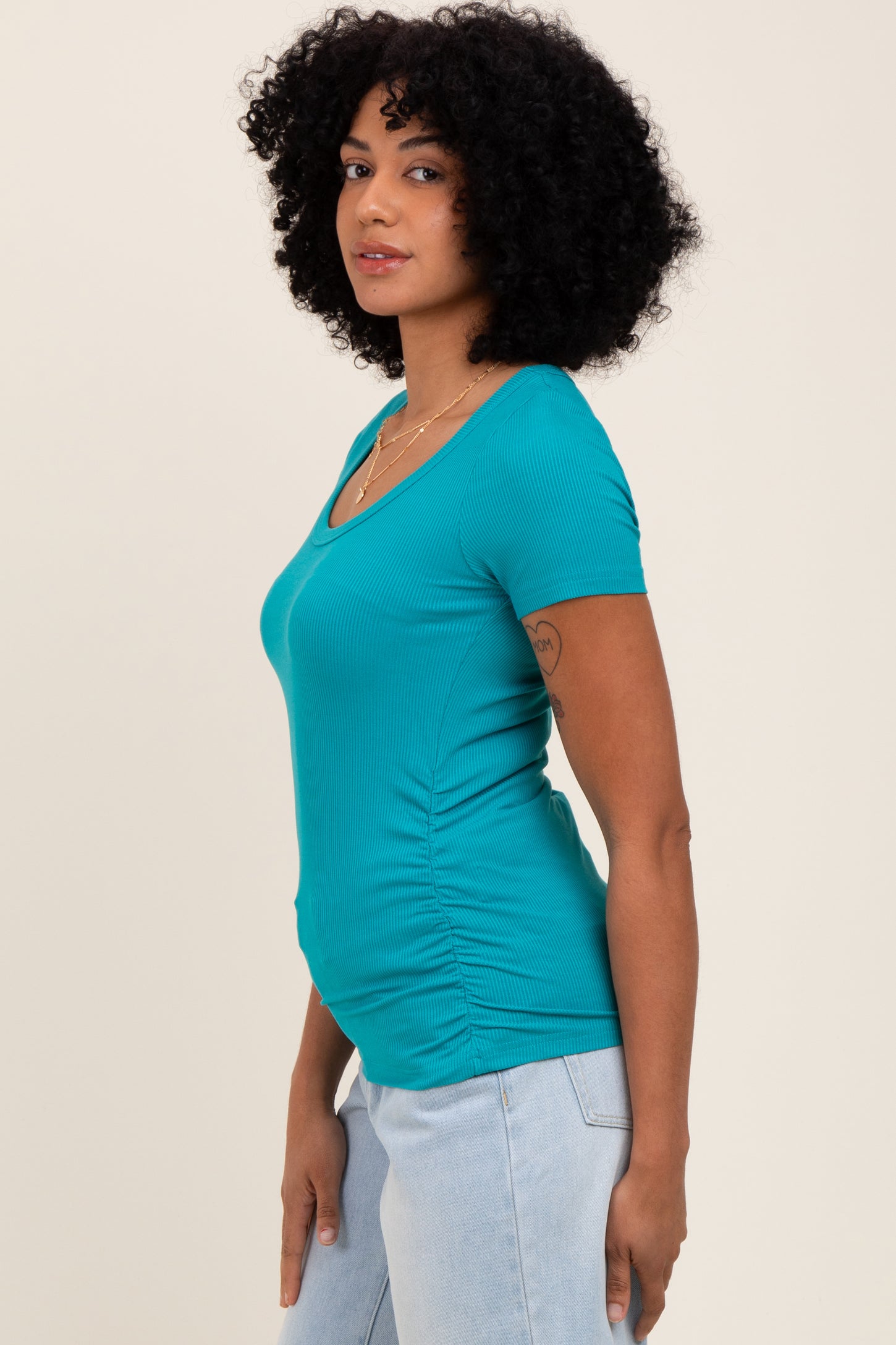 Teal Ribbed Ruched Short Sleeve Top