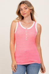 Pink Striped Ribbed Button Front Tank Top
