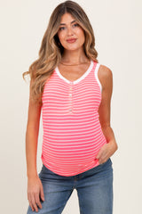 Pink Striped Ribbed Button Front Maternity Tank Top