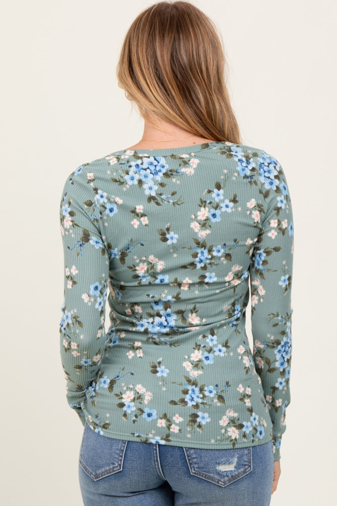 Light Olive Floral Ribbed Henley Top