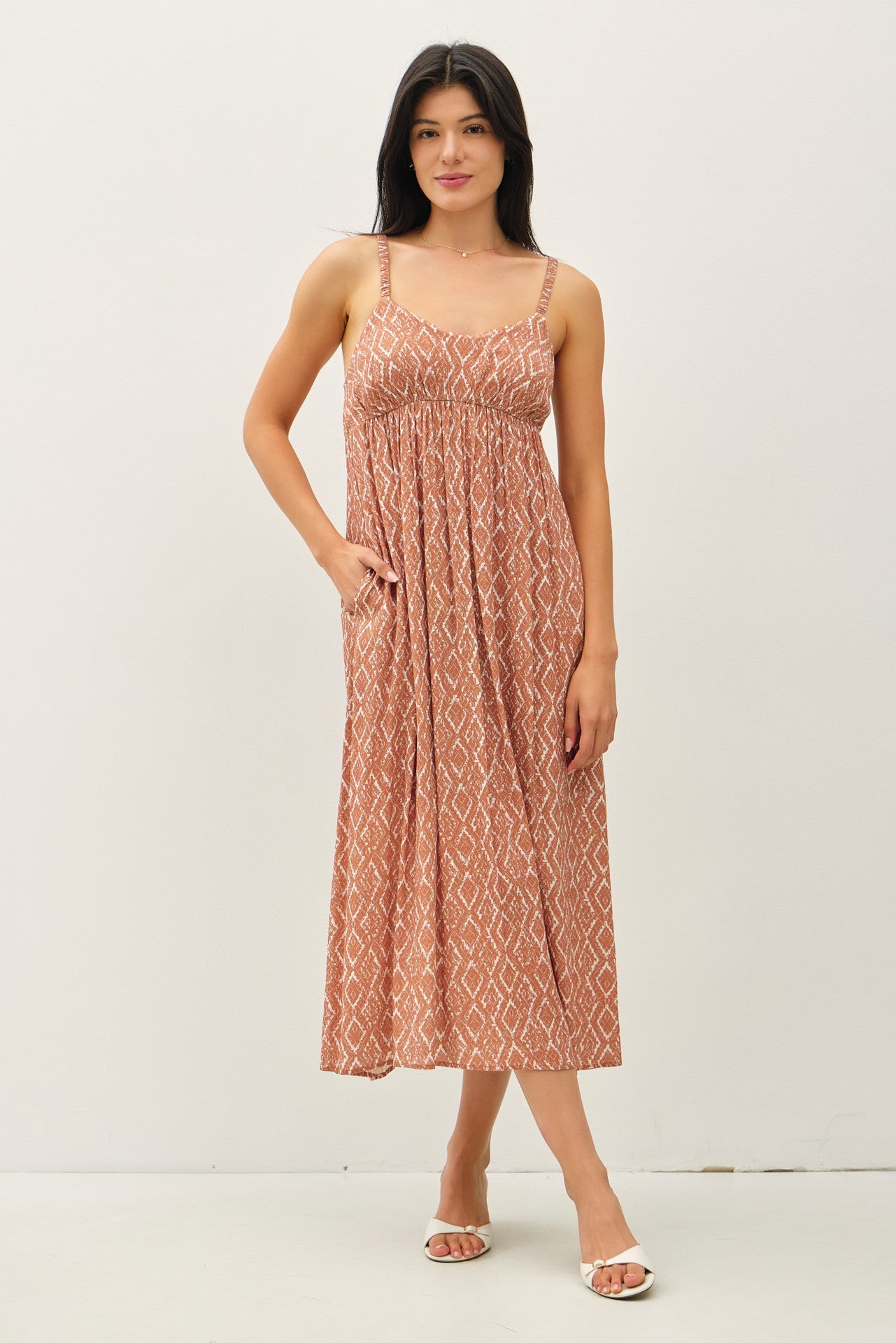 Rust Printed Sleeveless Maternity Midi Dress