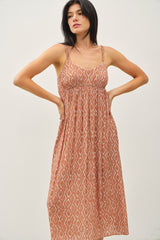 Rust Printed Sleeveless Midi Dress