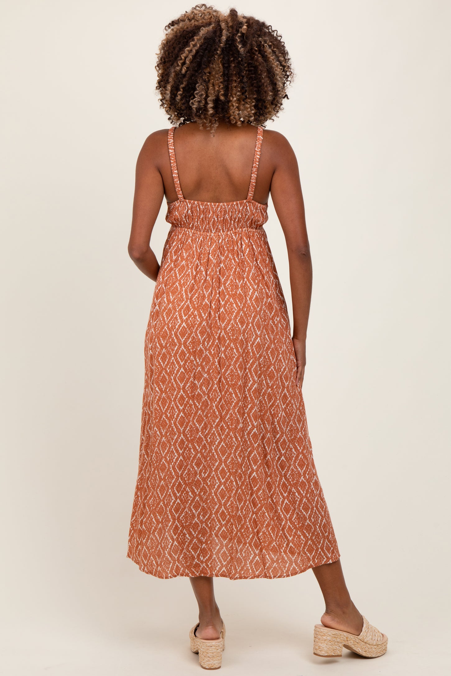 Rust Printed Sleeveless Maternity Midi Dress