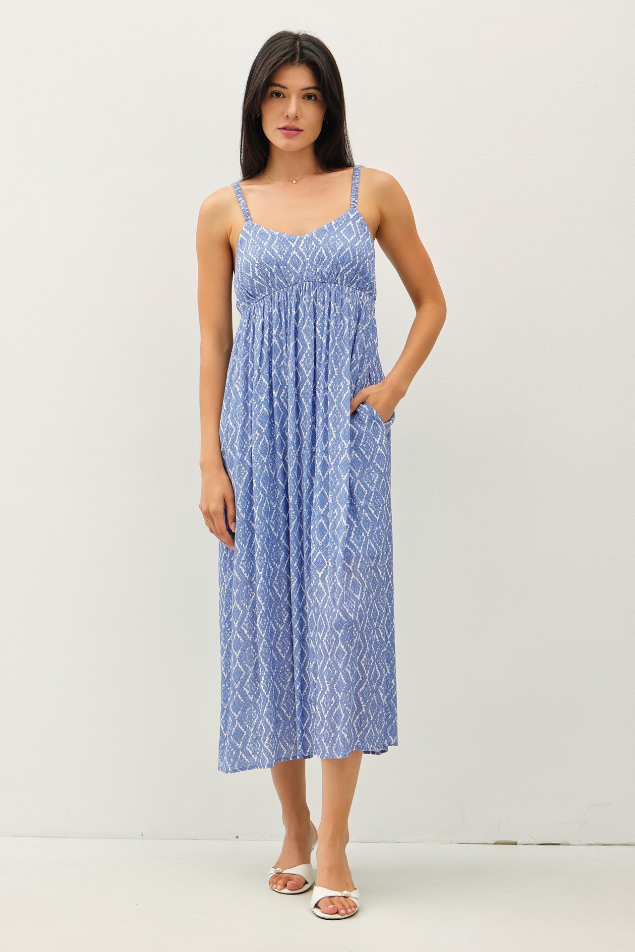 Blue Printed Sleeveless Maternity Midi Dress