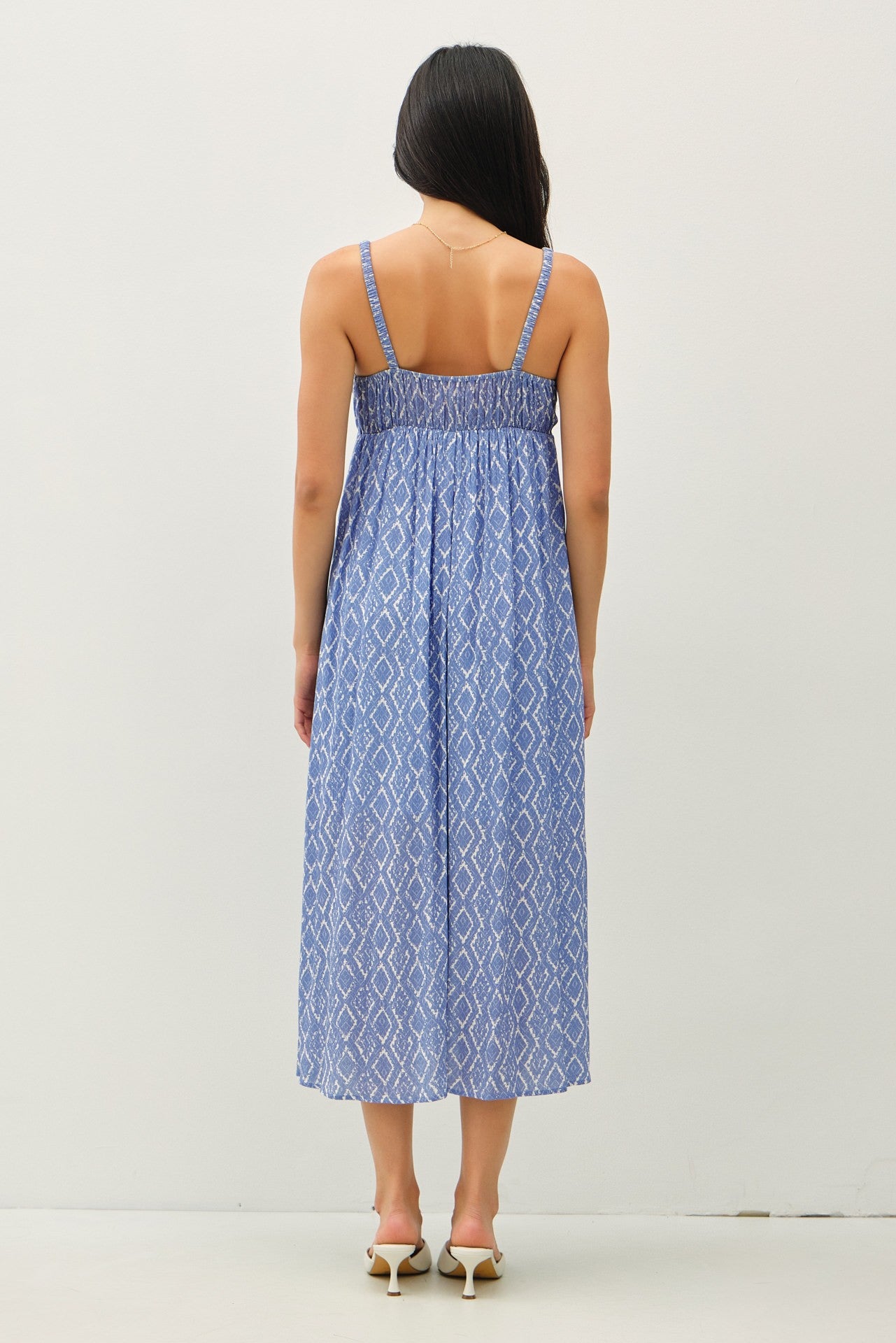 Blue Printed Sleeveless Midi Dress