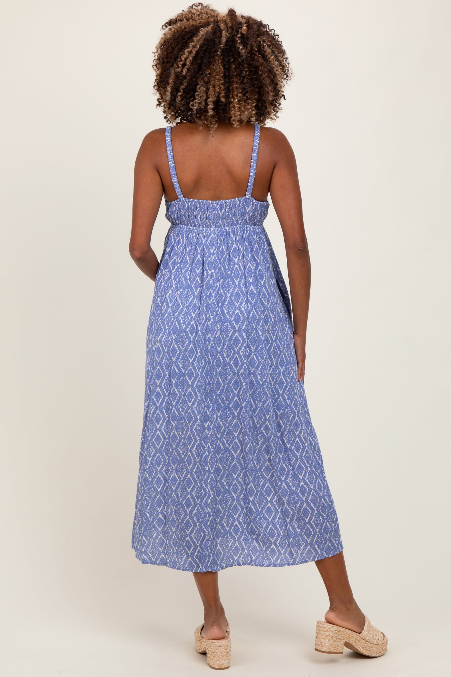 Blue Printed Sleeveless Maternity Midi Dress