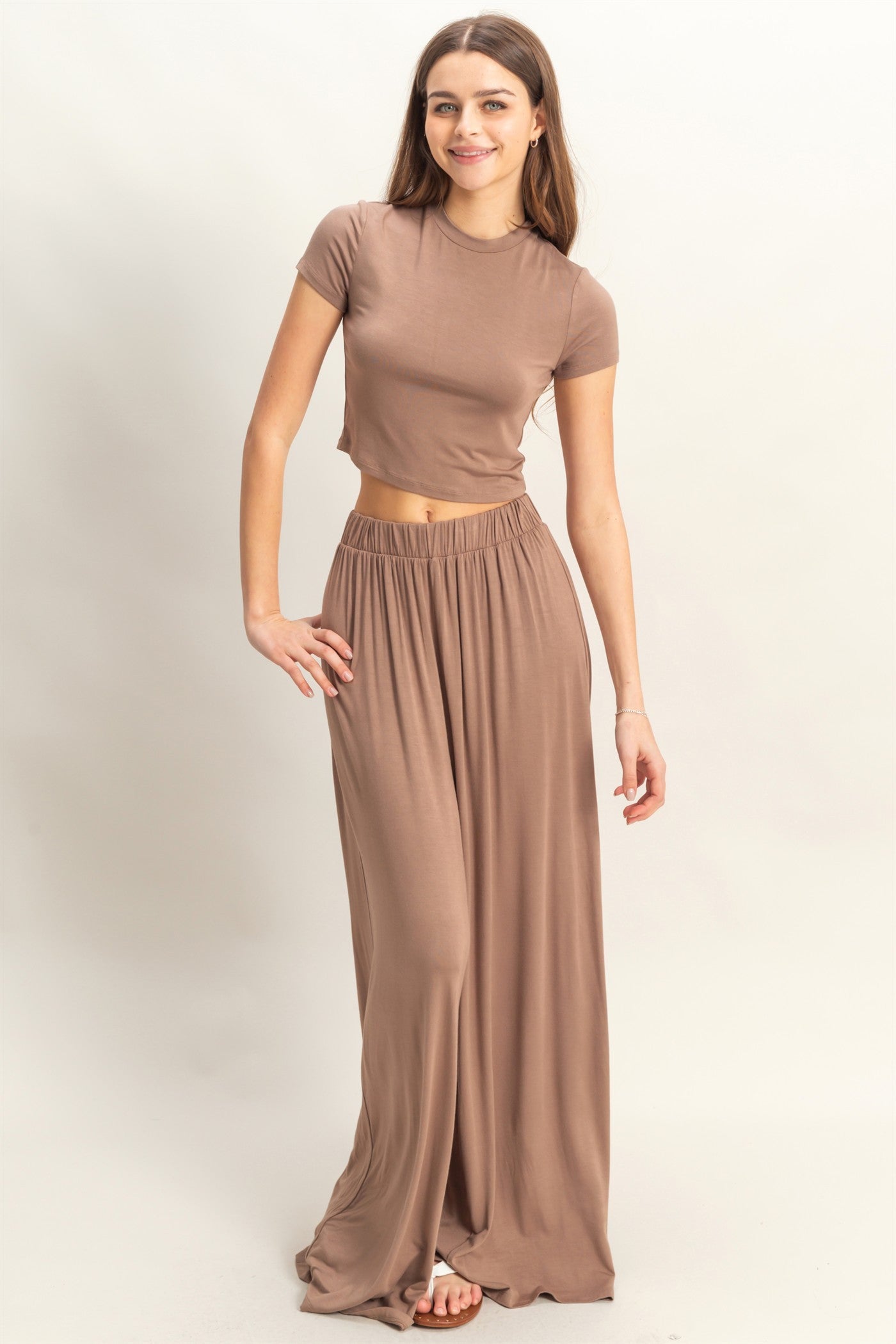Mocha Cropped Short Sleeve Wide Leg Pants Set