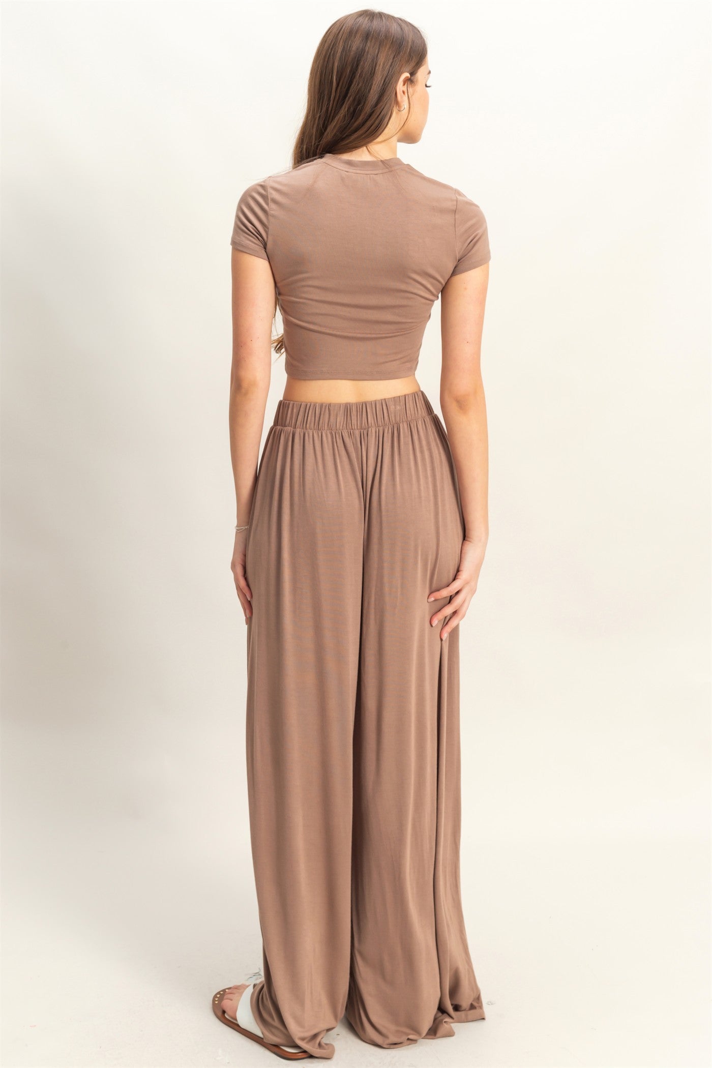 Mocha Cropped Short Sleeve Wide Leg Pants Set