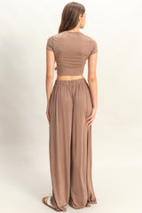 Mocha Cropped Short Sleeve Wide Leg Pants Set