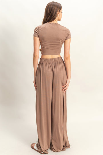 Mocha Cropped Short Sleeve Wide Leg Pants Set