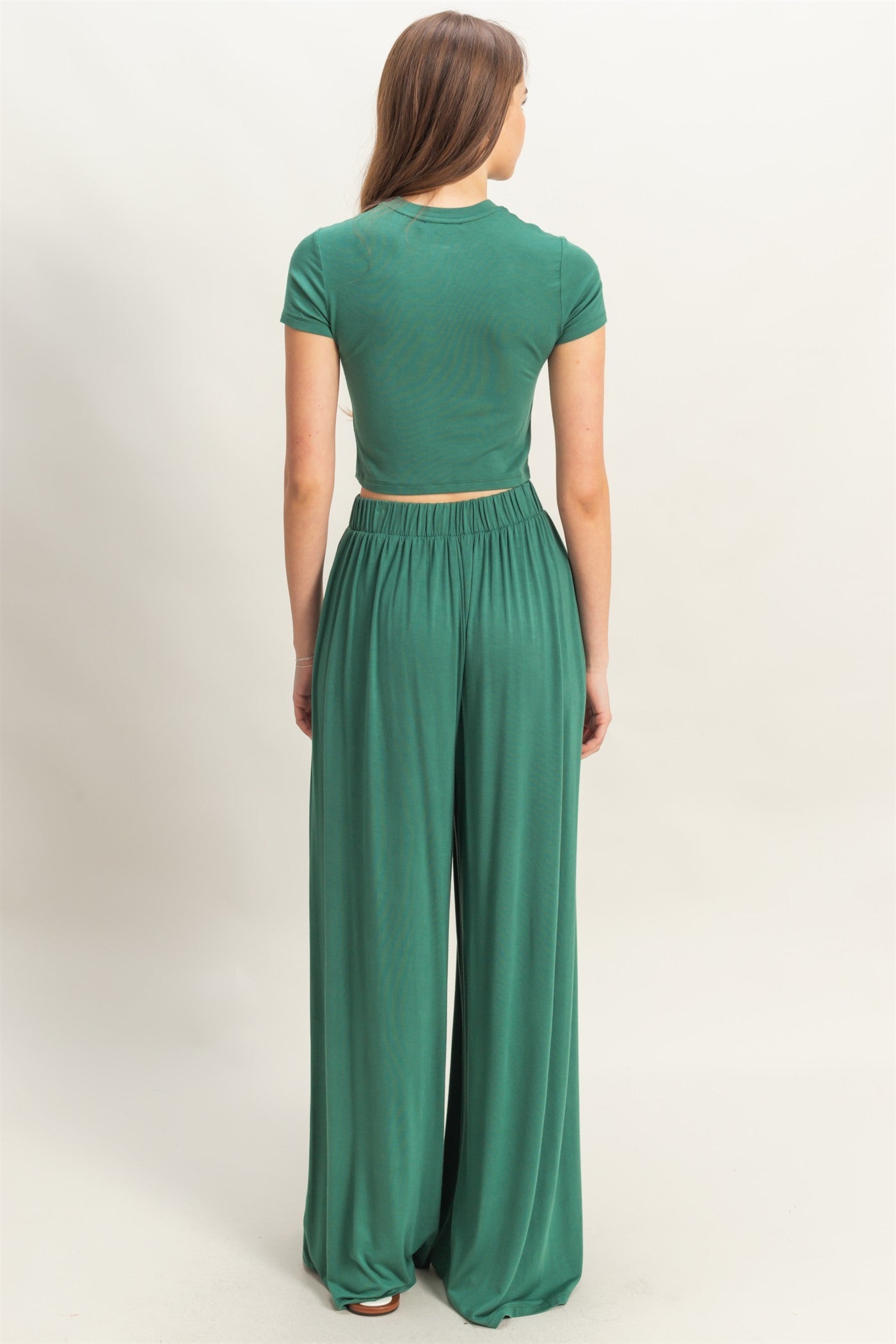 Emerald Green Cropped Short Sleeve Wide Leg Pants Set
