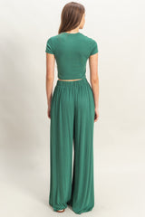 Emerald Green Cropped Short Sleeve Wide Leg Pants Set