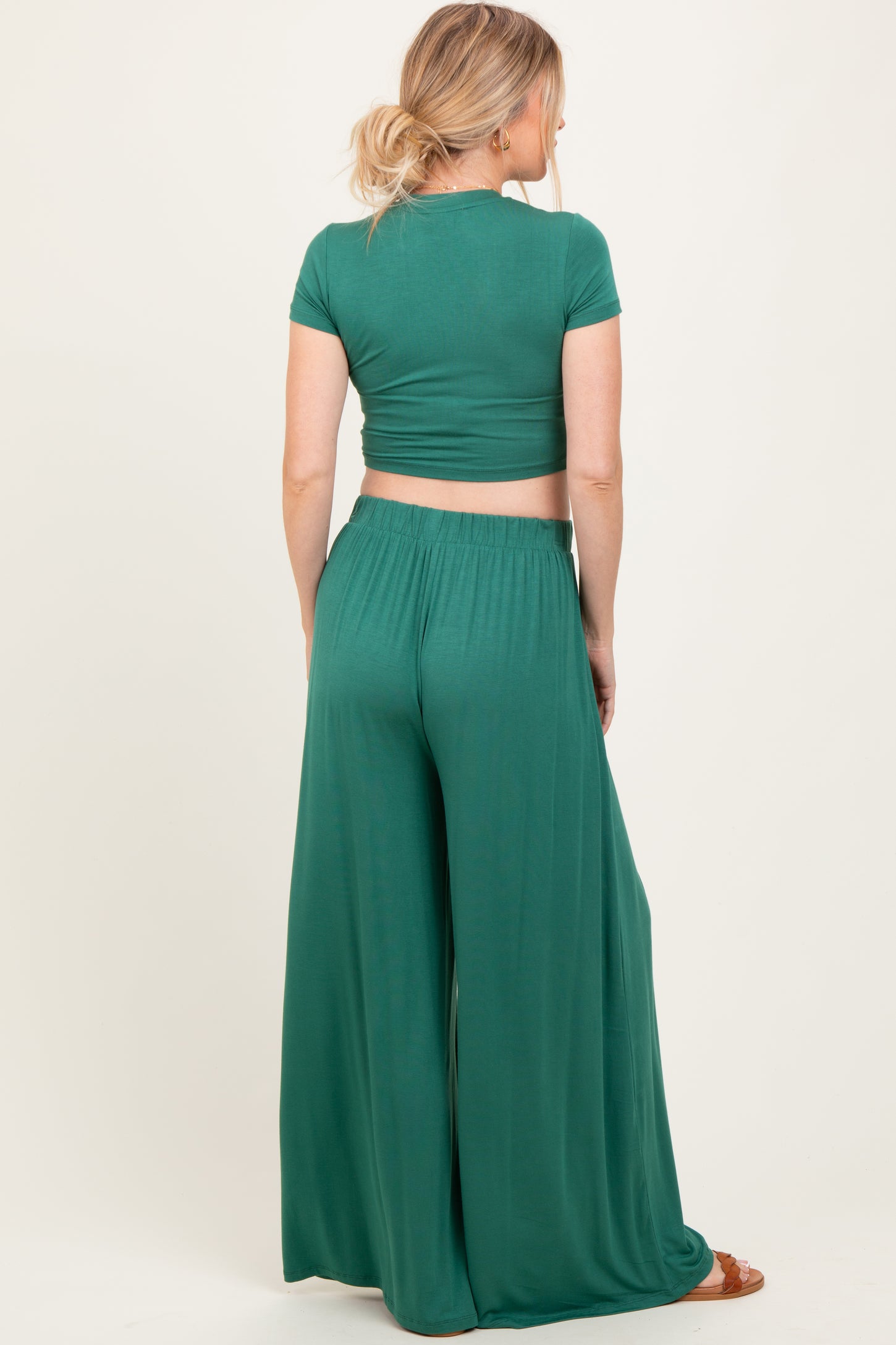 Emerald Green Cropped Short Sleeve Wide Leg Pants Maternity Set