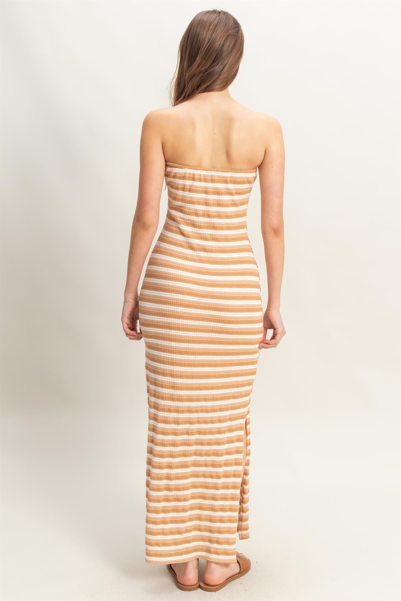 Camel Striped Knit Strapless Side Slit Maxi Dress