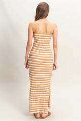 Camel Striped Knit Strapless Side Slit Maxi Dress