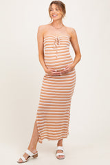 Camel Striped Knit Strapless Side Slit Maternity Maxi Dress