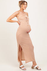 Camel Striped Knit Strapless Side Slit Maternity Maxi Dress