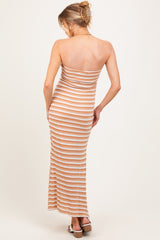 Camel Striped Knit Strapless Side Slit Maternity Maxi Dress
