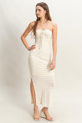 Cream Striped Knit Strapless Side Slit Maxi Dress