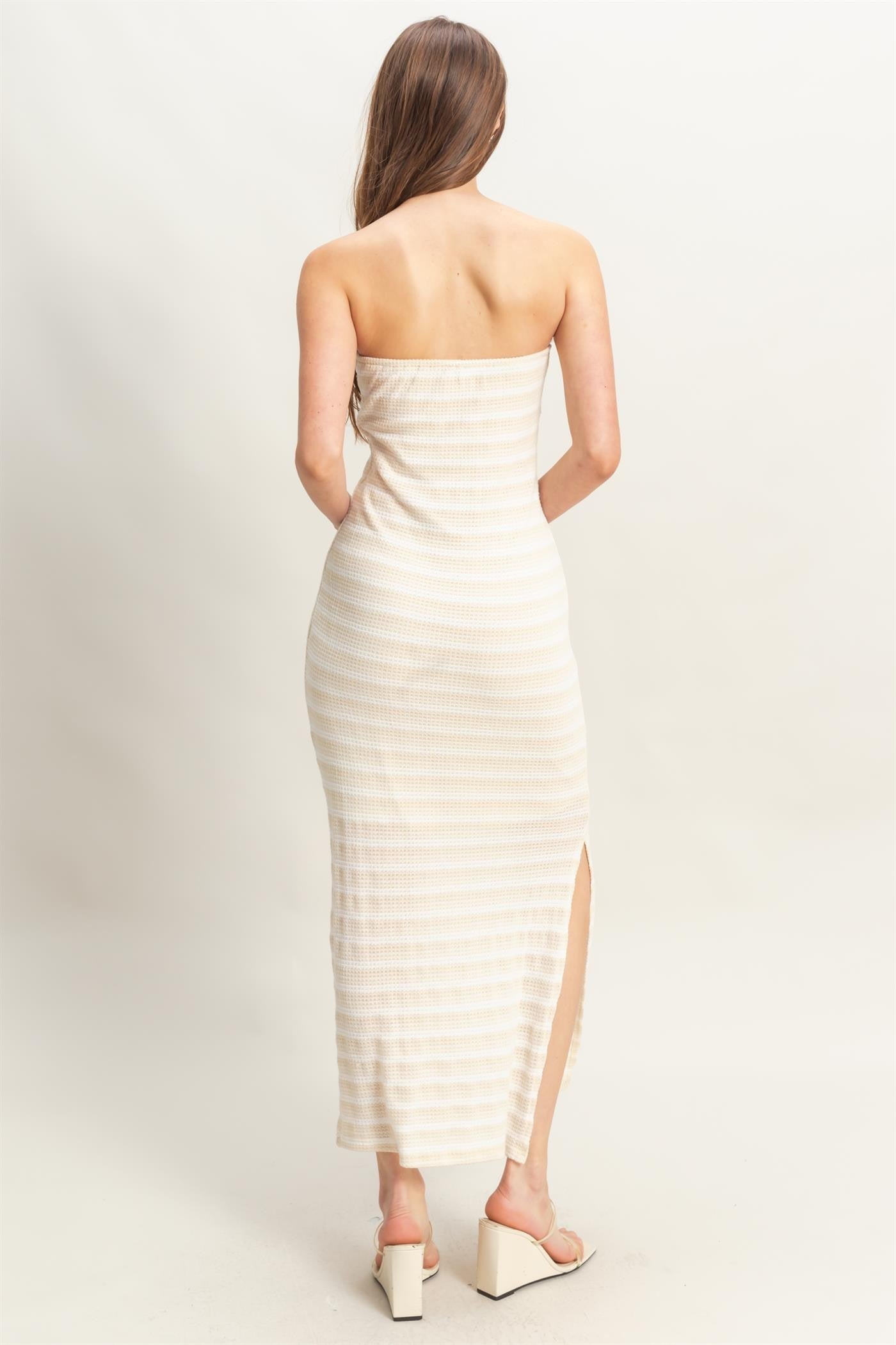 Cream Striped Knit Strapless Side Slit Maxi Dress