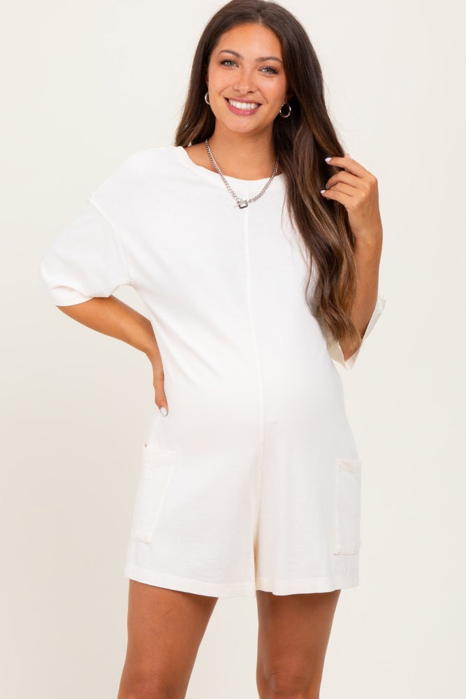 Cream V Back Short Sleeve Pocketed Maternity Romper