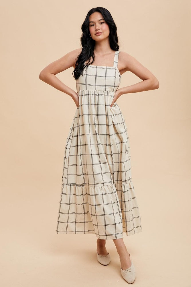 Cream Plaid Cutout Tie Back Maxi Dress