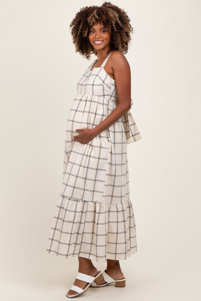 Cream Plaid Cutout Tie Back Maternity Maxi Dress