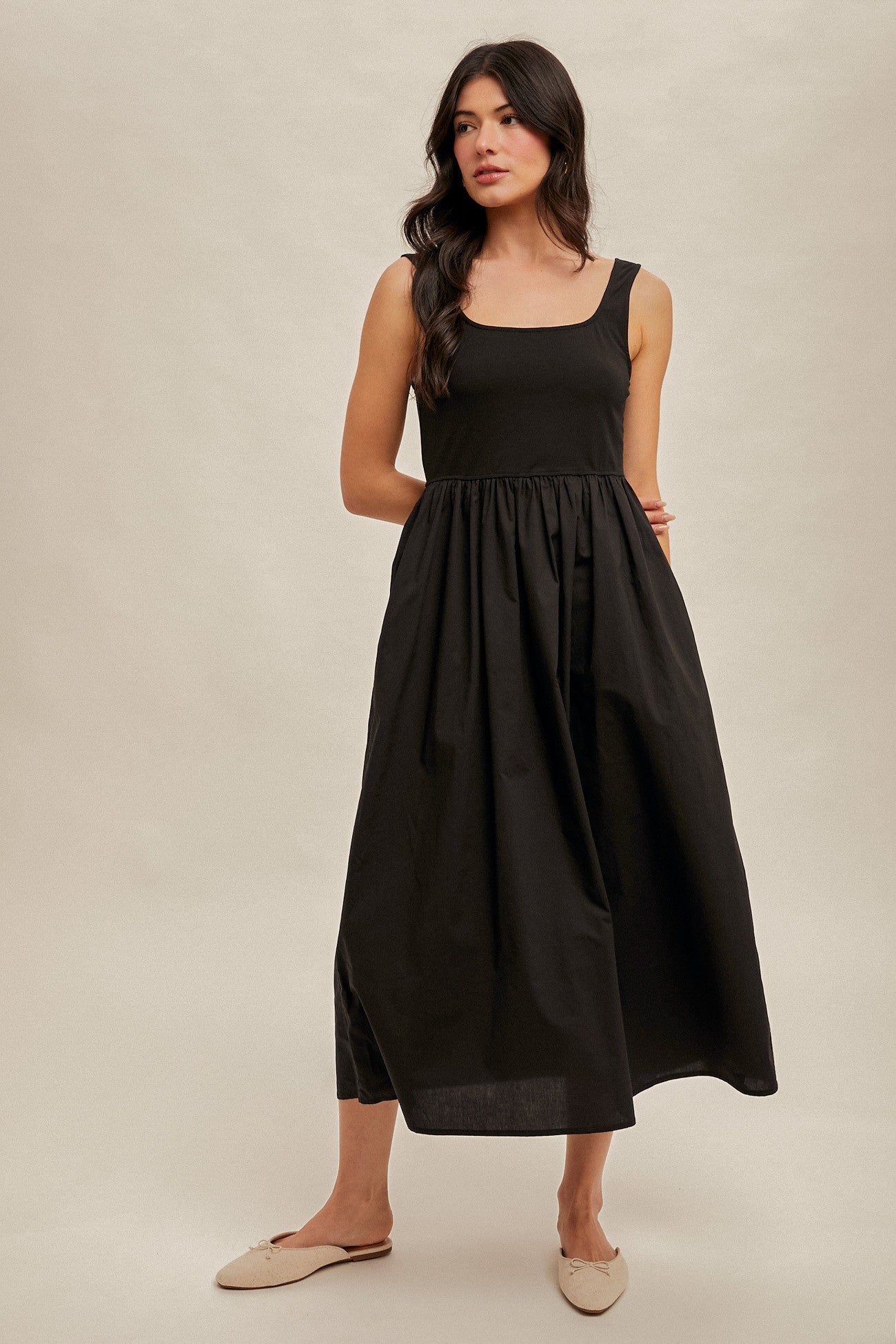 Black Contrast Sleeveless Square Neck Maternity Midi Dress