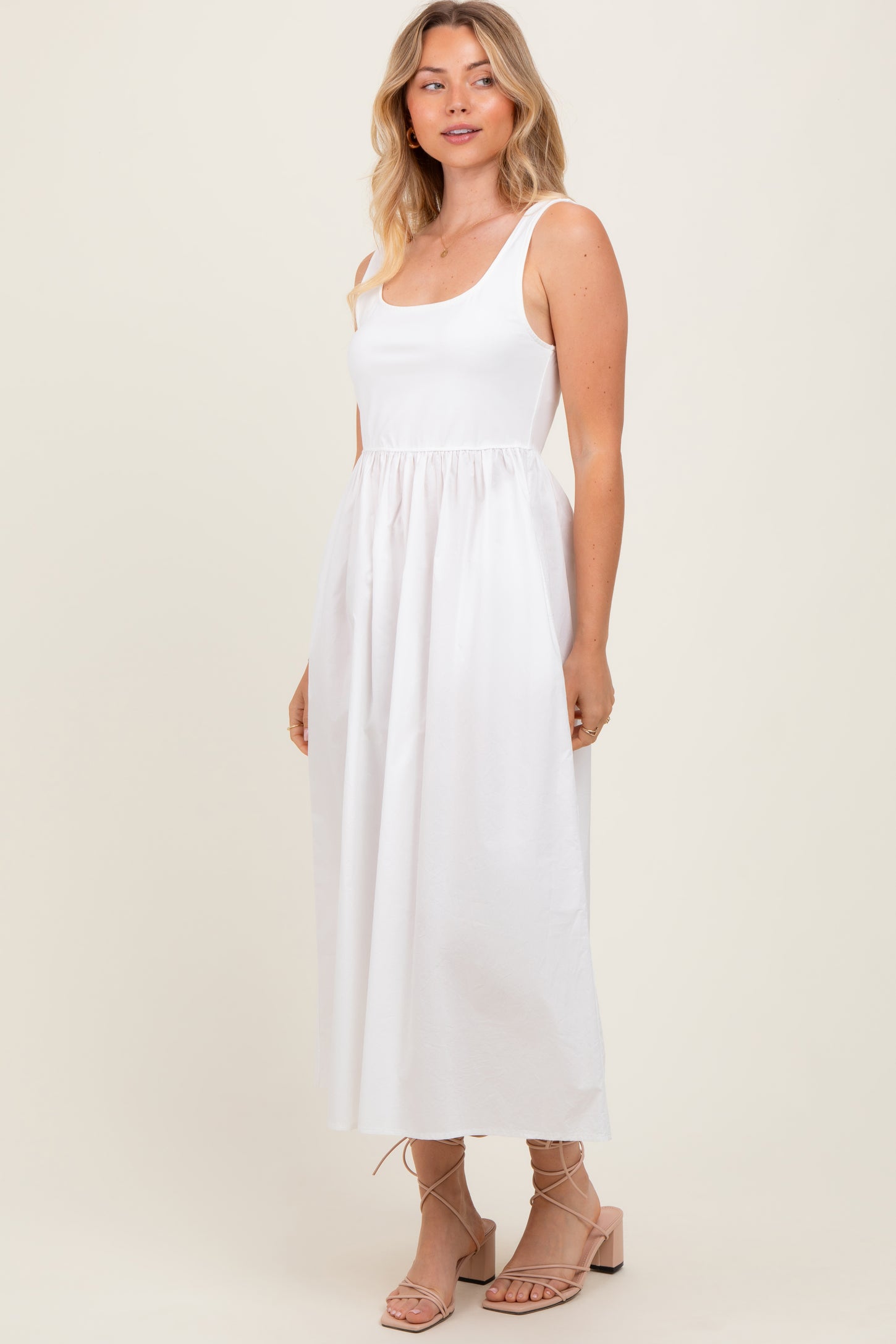 White Contrast Sleeveless Square Neck Midi Dress