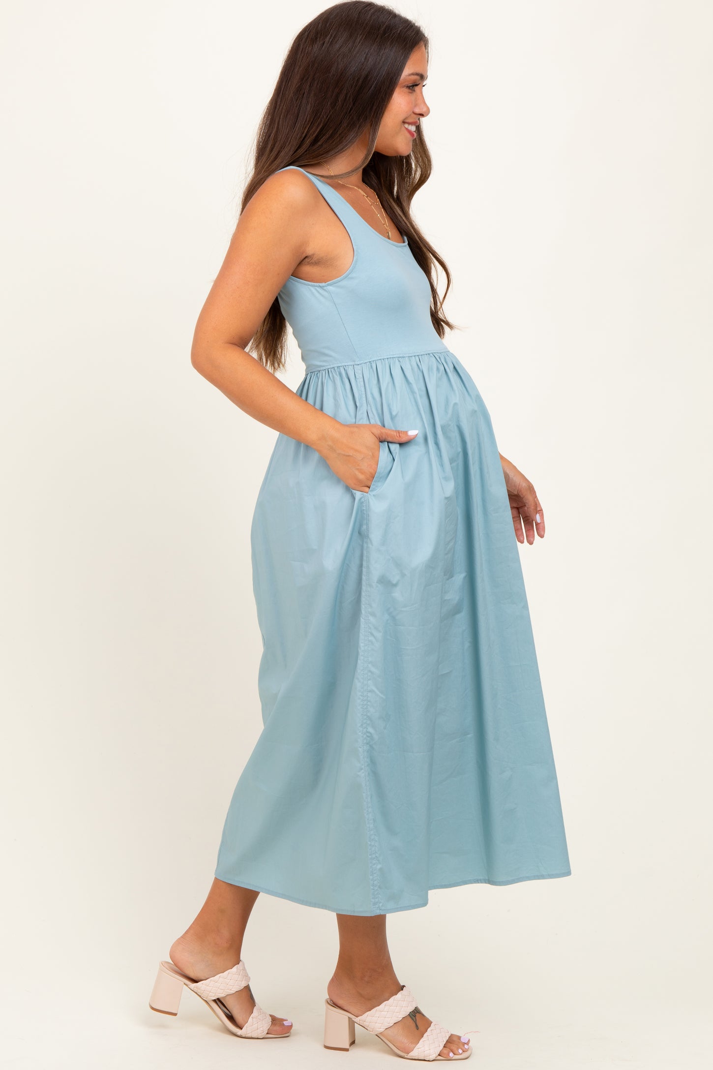 Light Blue Contrast Sleeveless Square Neck Maternity Midi Dress