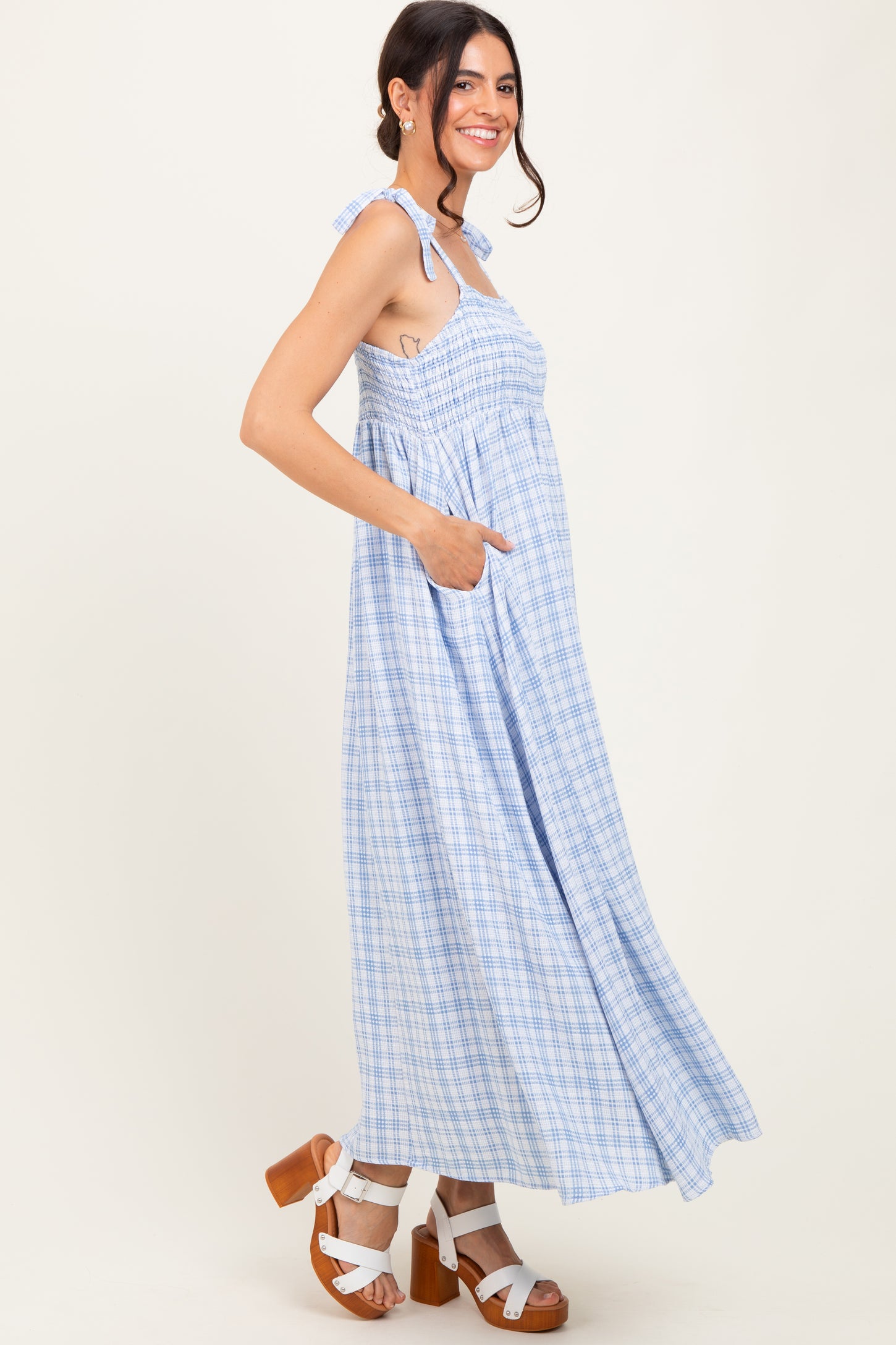 Blue Plaid Smocked Shoulder Tie Maxi Dress