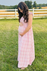 Pink Plaid Smocked Shoulder Tie Maternity Maxi Dress