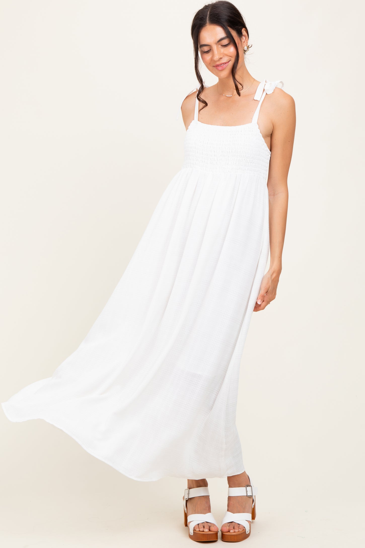 White Plaid Smocked Shoulder Tie Maxi Dress