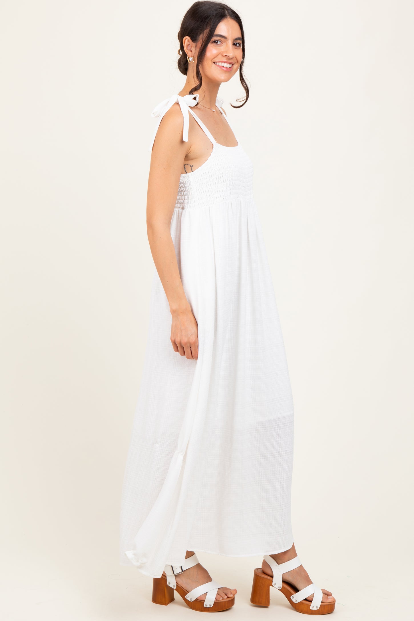 White Plaid Smocked Shoulder Tie Maxi Dress