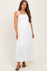 White Plaid Smocked Shoulder Tie Maternity Maxi Dress