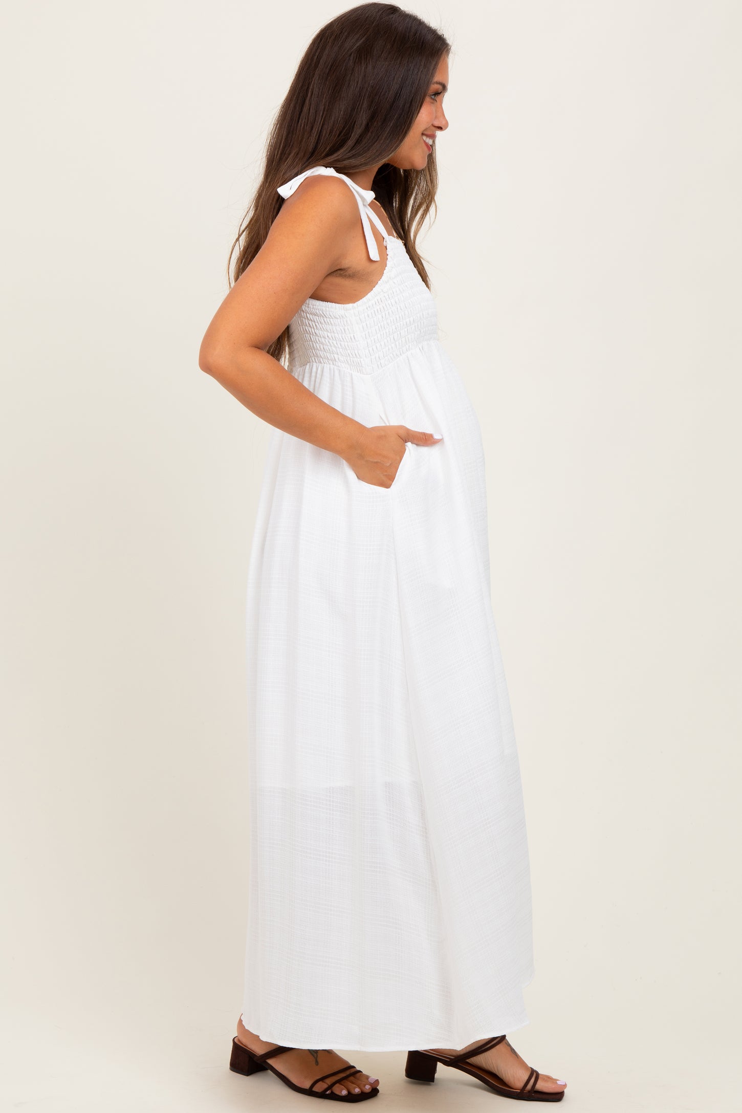White Plaid Smocked Shoulder Tie Maternity Maxi Dress