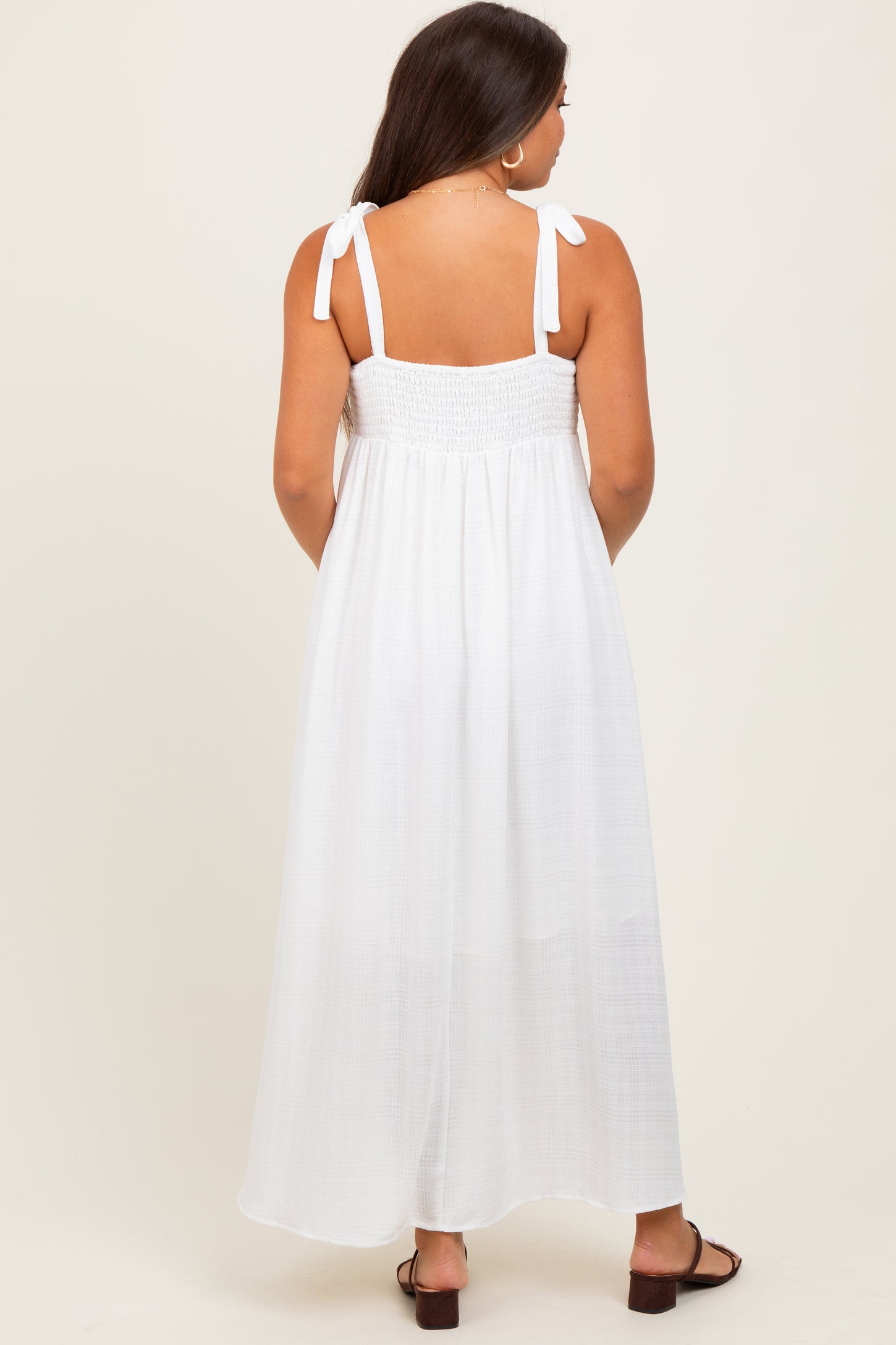 White Plaid Smocked Shoulder Tie Maternity Maxi Dress