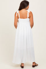 White Plaid Smocked Shoulder Tie Maternity Maxi Dress